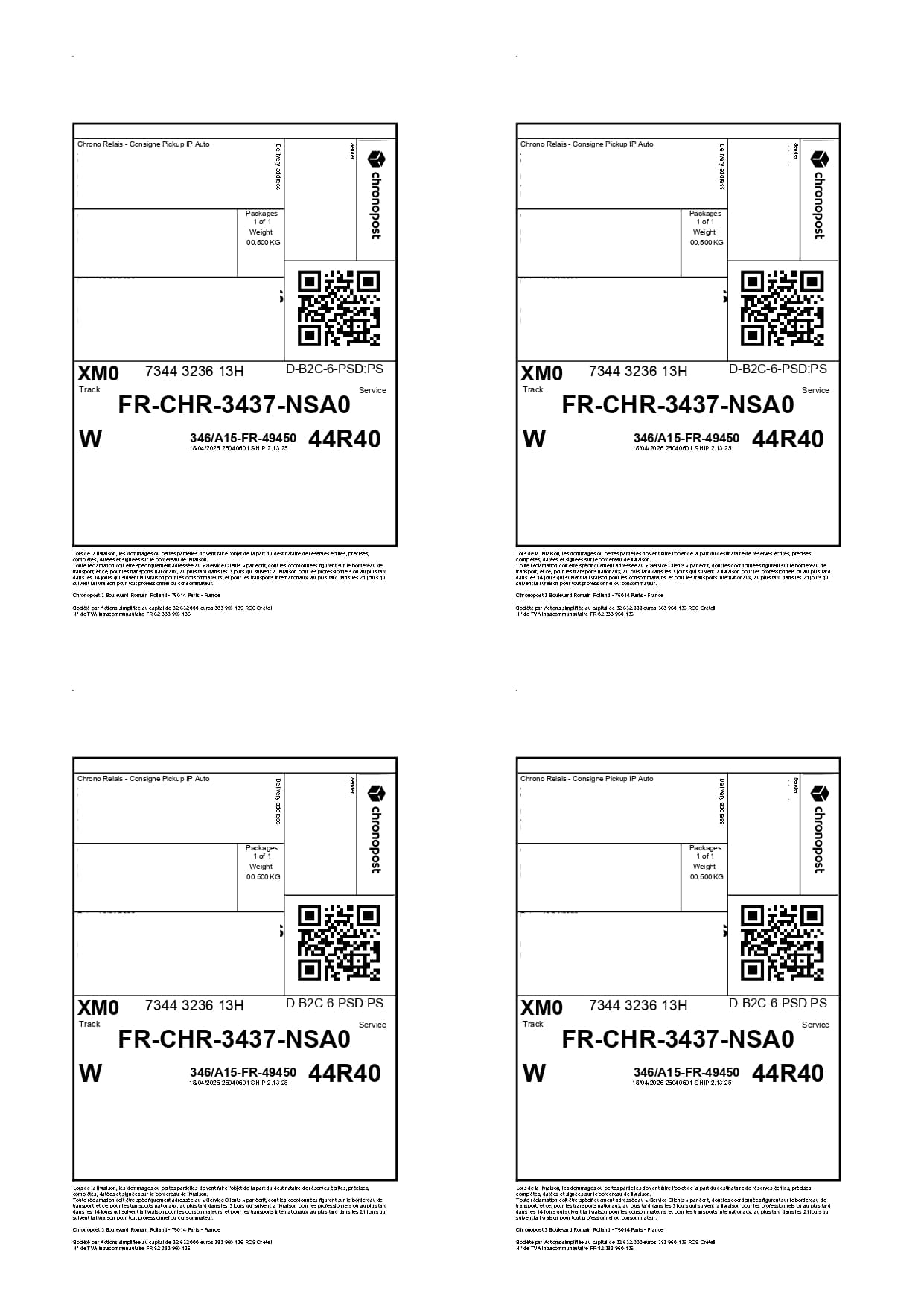 Four shipping labels grouped on one A4 sheet