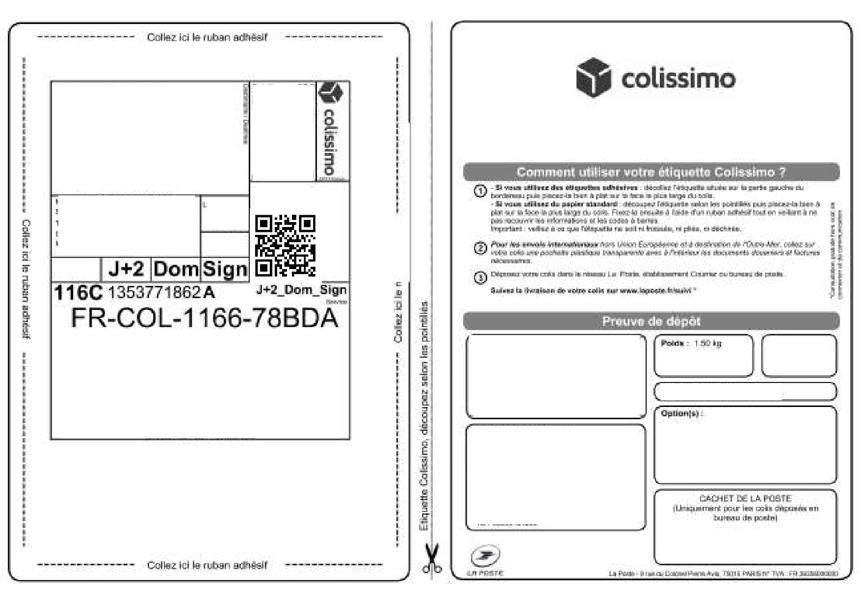 A single Colissimo shipping label printed on one sheet