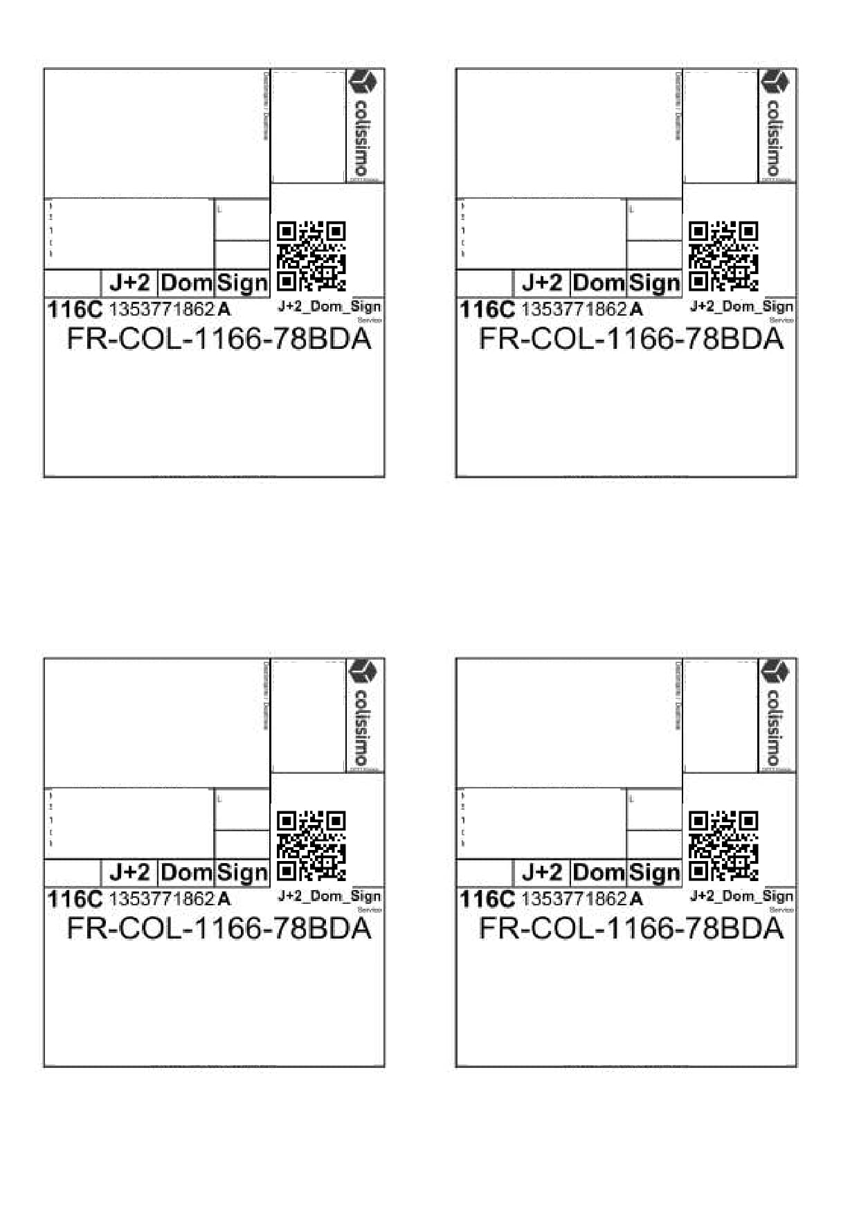 Four Colissimo shipping labels grouped on one A4 sheet