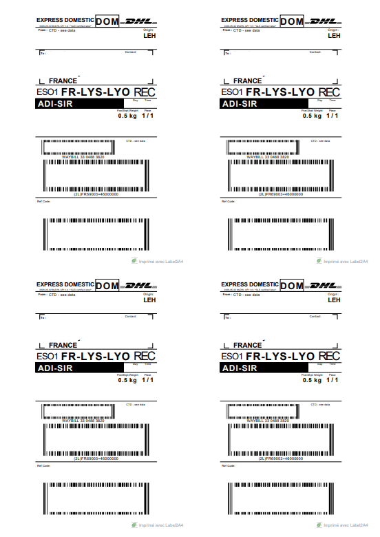 Quatre bordereaux DHL regroupés sur une feuille A4