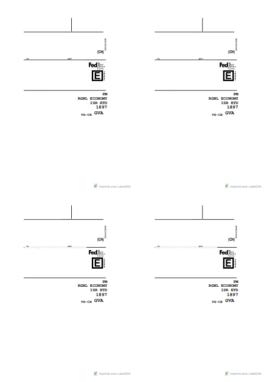 Four FedEx shipping labels grouped on one A4 sheet