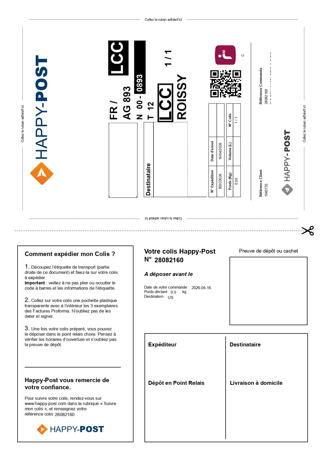 A single Happy Post shipping label printed on one sheet