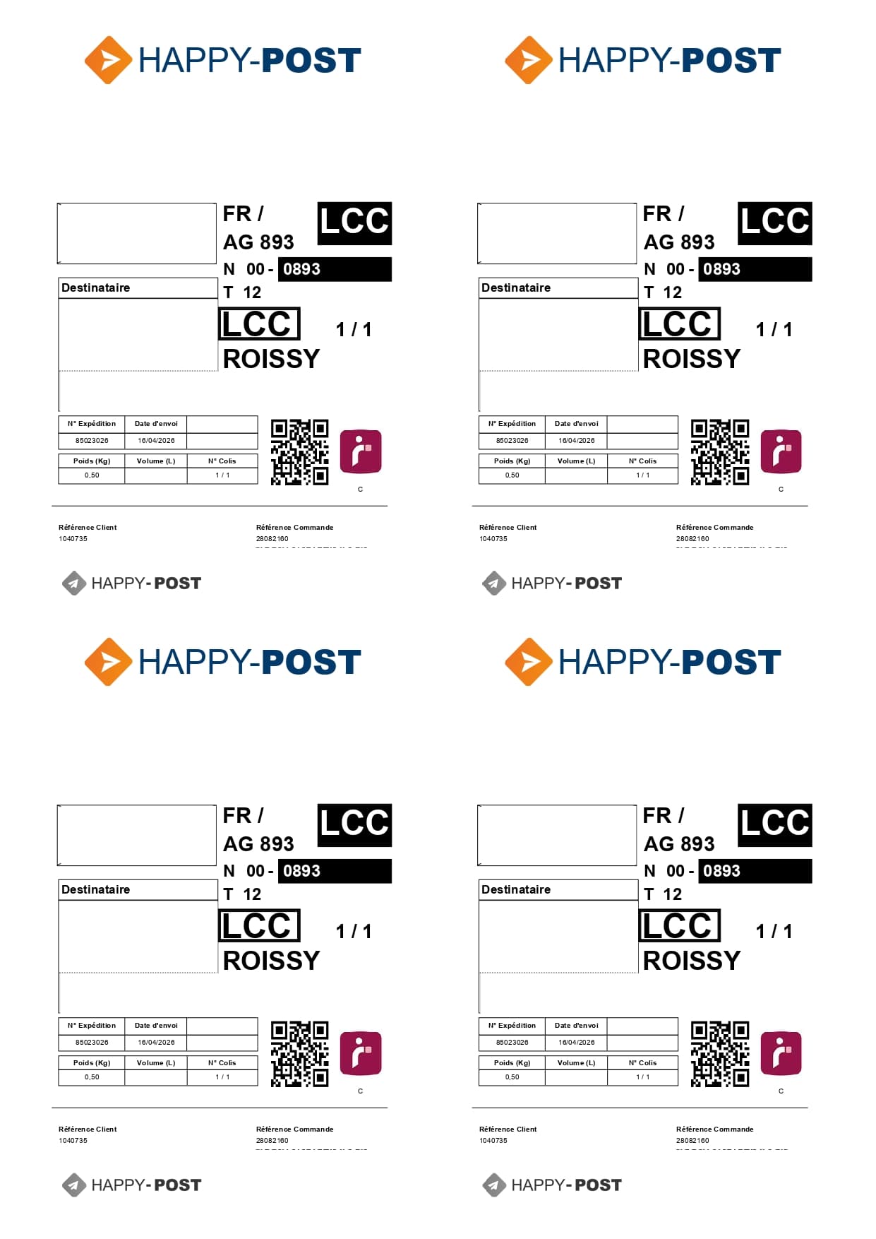 Four Happy Post shipping labels grouped on one A4 sheet