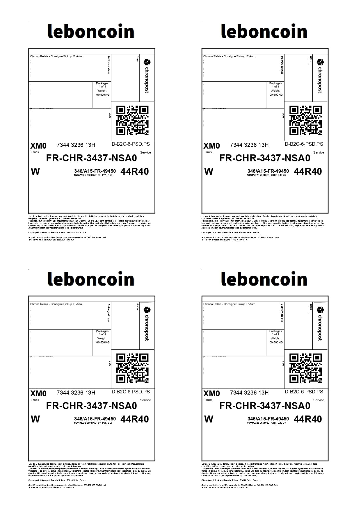 Four Leboncoin labels grouped on one A4 sheet