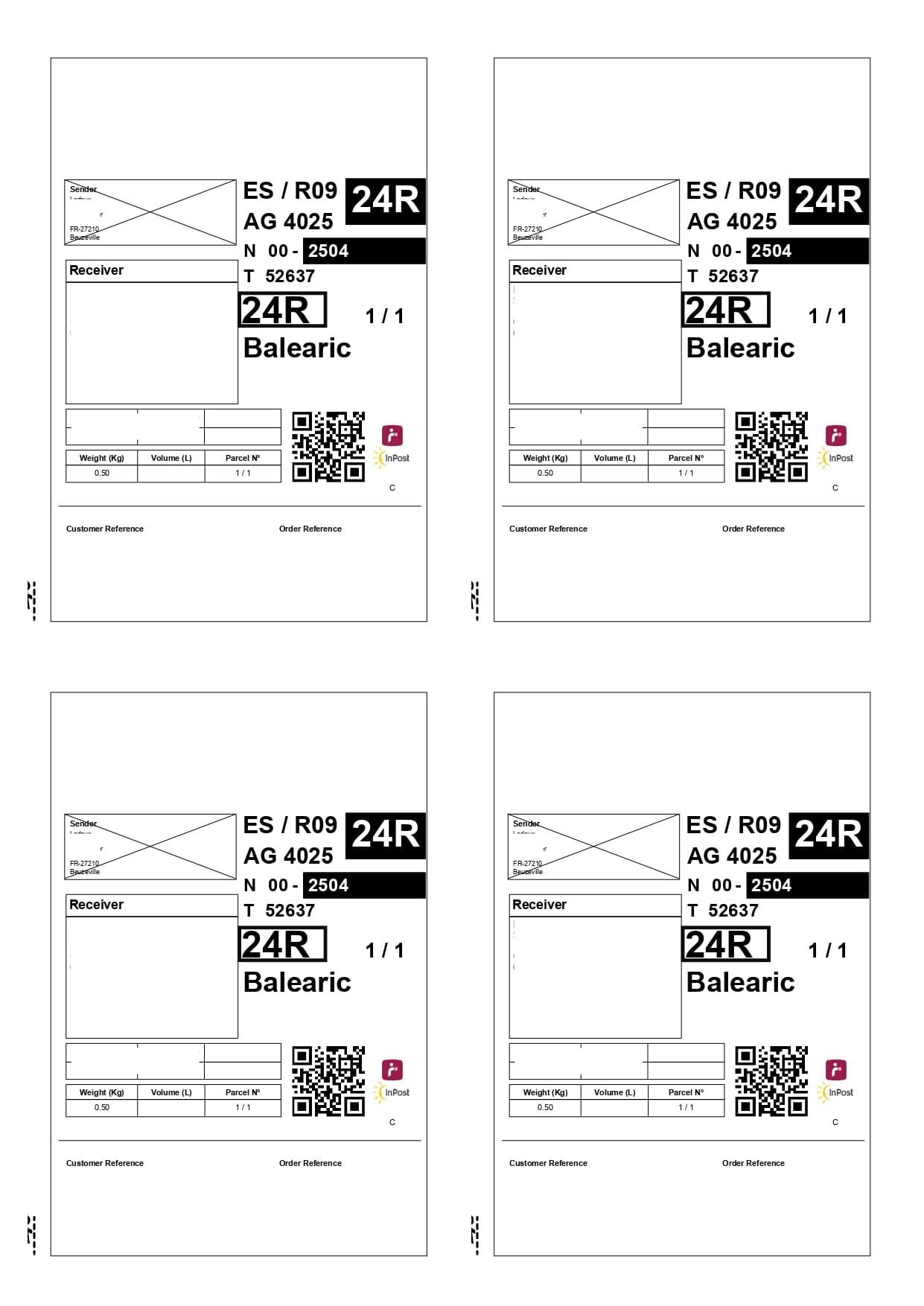 Four Mondial Relay shipping labels grouped on one A4 sheet