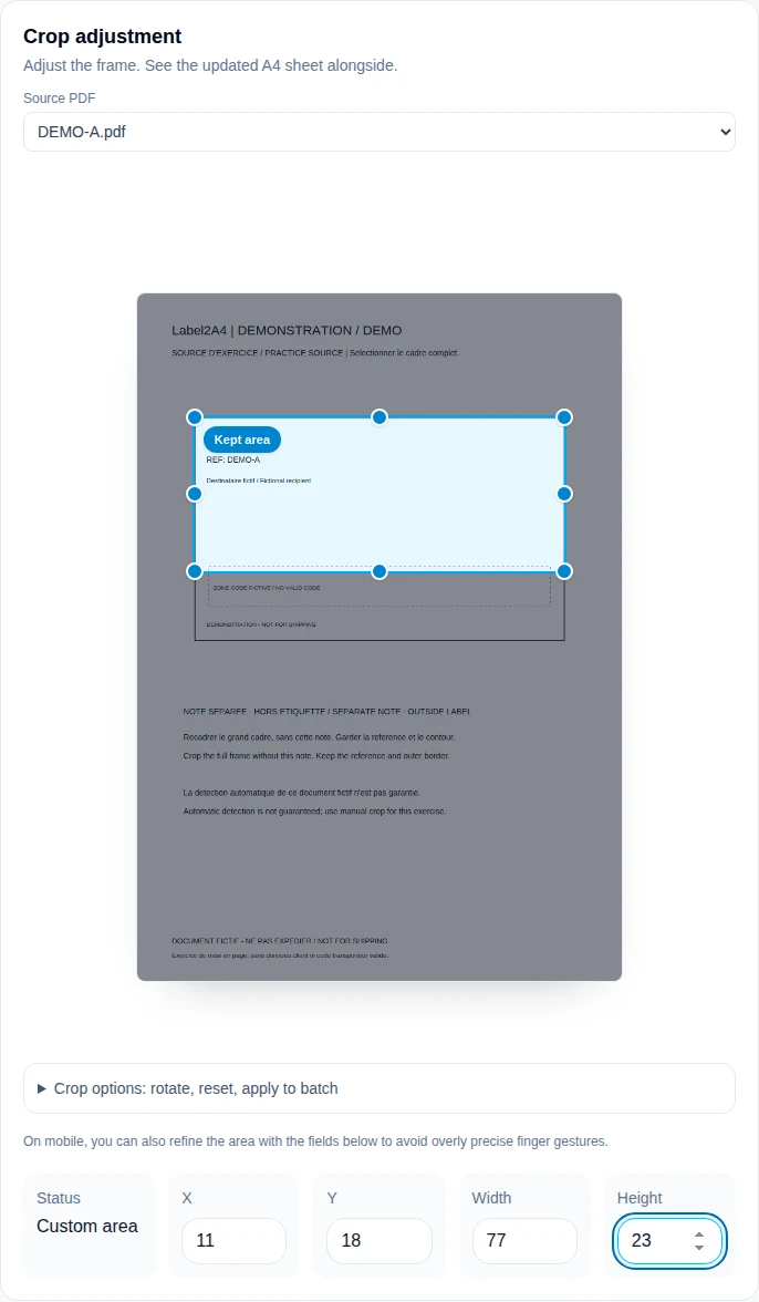 Label2A4 crop panel: Height 23 excludes the bottom of the DEMO A frame.